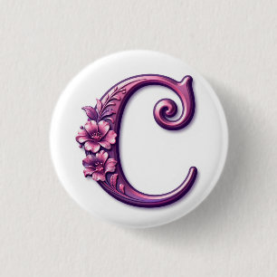 Badge Rond 2,50 Cm Rosemaling Métallisé Moderne Lettre C, Rose/Violet