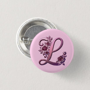 Badge Rond 2,50 Cm Rosemaling Métallisé Moderne Lettre L, Rose/Violet
