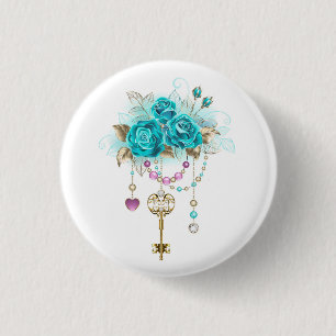 Badge Rond 2,50 Cm Roses turquoise avec touches