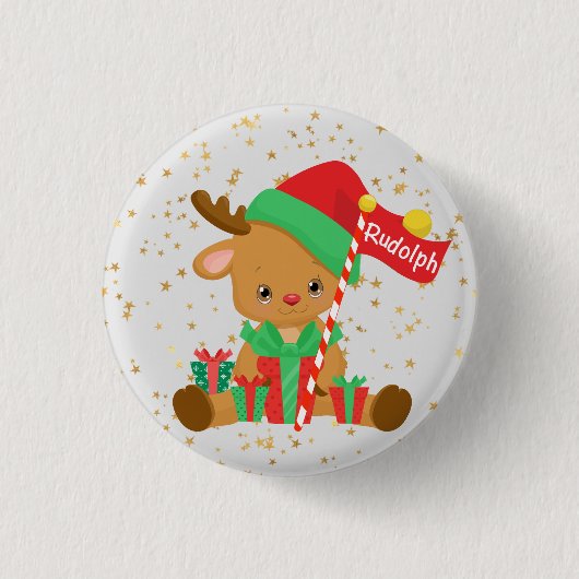 Badge Rond 2,50 Cm Rudolph le renne avec des cadeaux et des étoiles d (Devant)