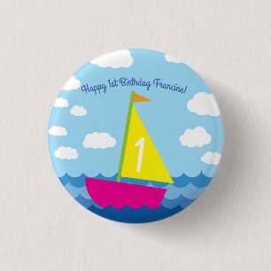 Badge Rond 2,50 Cm Sailing Sail Boat Cute Spring 1st Birthday Party