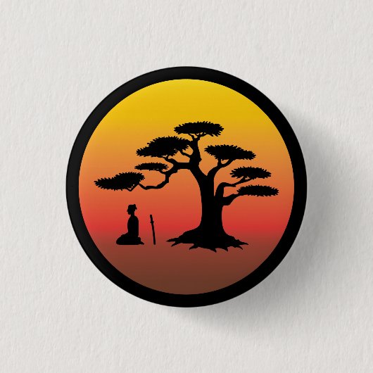 Badge Rond 2,50 Cm Samouraïs méditant au coucher du soleil sous (Devant)