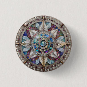 Badge Rond 2,50 Cm Saphirs roses et bleus Diamants Perles Mandala