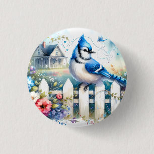 Badge Rond 2,50 Cm Scène de clôture de jardin de cottage Blue Jay