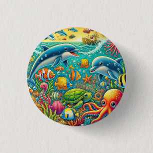 Badge Rond 2,50 Cm Scène sous-marine colorée avec vie marine