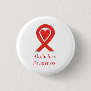 Badge Rond 2,50 Cm Sensibilisation à l'alcoolisme Ruban du coeur roug