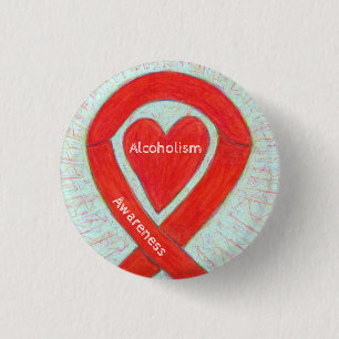 Badge Rond 2,50 Cm Sensibilisation à l'alcoolisme Ruban du coeur roug