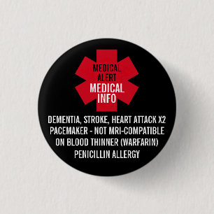 Badge Rond 2,50 Cm Série d'alerte médicale Informations médicales Per