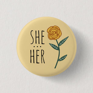 Badge Rond 2,50 Cm SHE/HER Pronounounounours Gold Rose PERSONNALISÉ