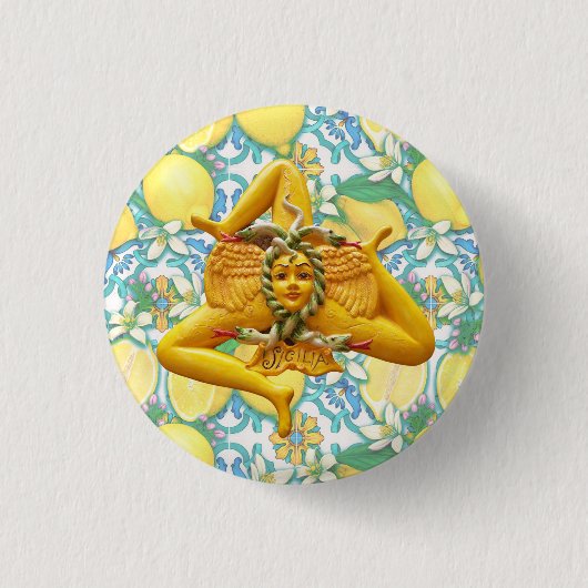 Badge Rond 2,50 Cm Sicily Trinacria Yellow and Blue Italian Lemon  (Devant)