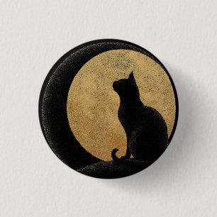 Badge Rond 2,50 Cm Silhouette de chat noir contre une lune d'or