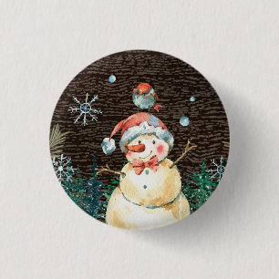 Badge Rond 2,50 Cm Snowman mignon & Bois Animaux Noël