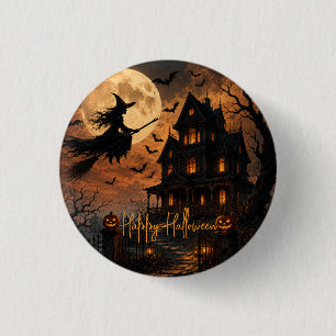 Badge Rond 2,50 Cm Sorcière effrayante d'Halloween volant au-dessus d