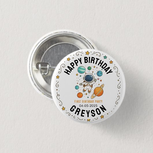 Badge Rond 2,50 Cm Space Adventure 1er anniversaire | Partie spatiale (Devant & derrière)