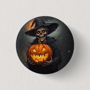 Badge Rond 2,50 Cm Squelette de sorcière avec citrouille lumineuse Ha