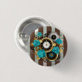 Badge Rond 2,50 Cm Steampunk Clock and Turquoise Roses on Striped (Devant & derrière)