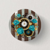 Badge Rond 2,50 Cm Steampunk Clock and Turquoise Roses on Striped (Devant)