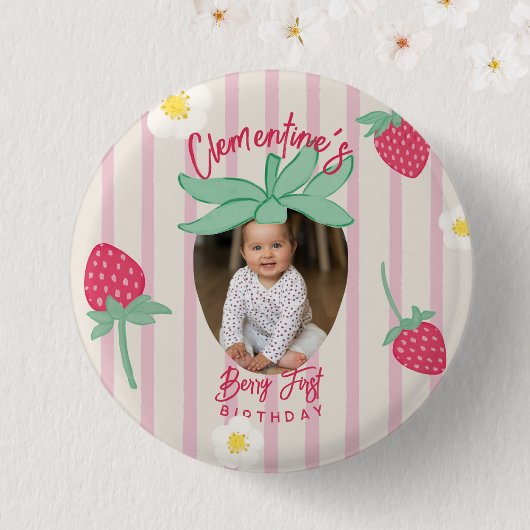 Badge Rond 2,50 Cm Strawberry Berry First Birthday Button with Photo