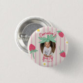 Badge Rond 2,50 Cm Strawberry Berry First Birthday Button with Photo (Devant & derrière)