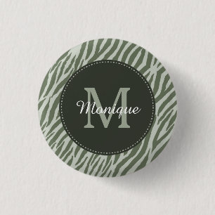 Badge Rond 2,50 Cm Style Sage Green Zebra Imprimer Monogramme et nom