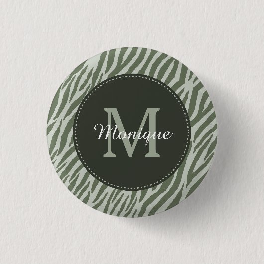 Badge Rond 2,50 Cm Style Sage Green Zebra Imprimer Monogramme et nom (Devant)