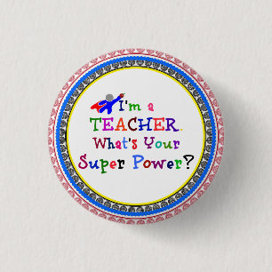 Badge Rond 2,50 Cm Super-héros enseignant avec un cadre coloré,