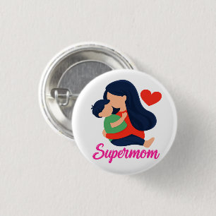 Badge Rond 2,50 Cm Super Maman Épinglette Bouton Mère et Enfant