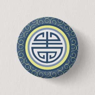 Badge Rond 2,50 Cm Symbole de la longévité chinoise Shou - Bleu et