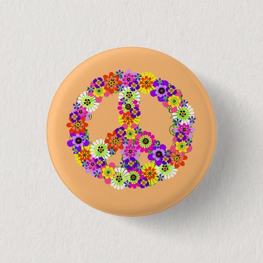 Badge Rond 2,50 Cm SYMBOLE DE LA PAIX FLEURIE SUR Peach (Devant)