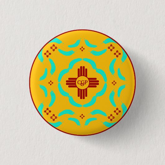 Badge Rond 2,50 Cm Symboles Red Zia Nouveau-Mexique Plumes turquoise (Devant)