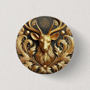 Badge Rond 2,50 Cm Tête de cerf doré élégant aux bois royaux