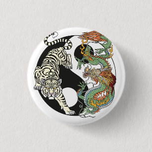 Badge Rond 2,50 Cm Tigre blanc contre dragon vert dans le Yin yang bu