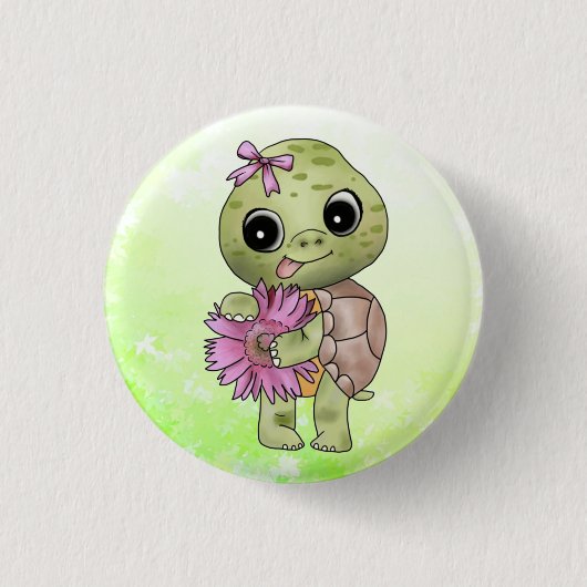 Badge Rond 2,50 Cm Tortue avec fleur (Devant)