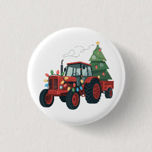 Badge Rond 2,50 Cm Tracteur avec remorque Santa ferme agriculteur Noë
