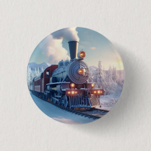 Badge Rond 2,50 Cm Train à vapeur vintage Paysage hivernal Montagne d
