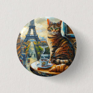 Badge Rond 2,50 Cm Un matin à Paris Chat tigré dans un café