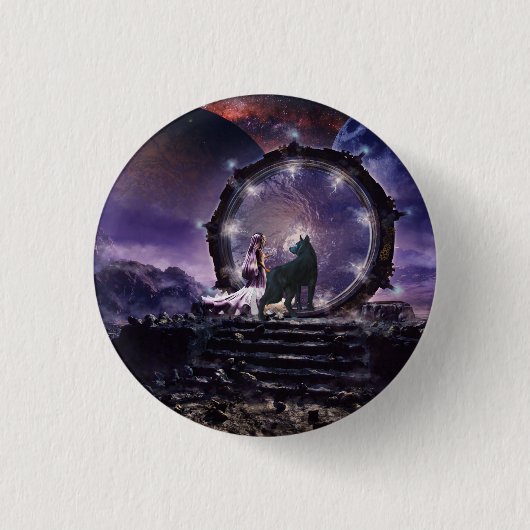 Badge Rond 2,50 Cm Une fée et un loup sombre (Devant)