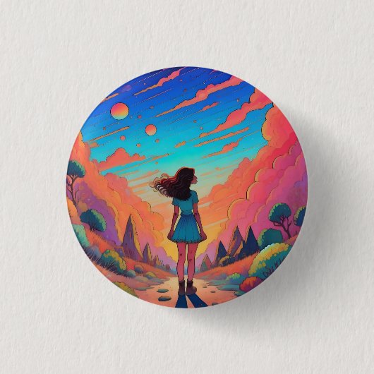Badge Rond 2,50 Cm Une fille en voyage vers un monde d'imaginaires Ba (Devant)