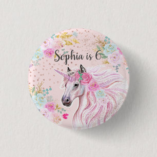 Badge Rond 2,50 Cm Unicorn Girly Rose Floral Gold Parties scintillant