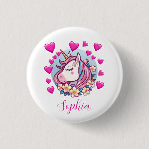 Badge Rond 2,50 Cm Unicorne mignonne, Coeurs et Fleurs roses, Nom per