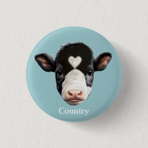 Badge Rond 2,50 Cm Vache noire et blanche de campagne sur fond bleu c
