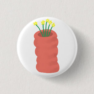 Badge Rond 2,50 Cm Vase Rouge avec Fleurs Jaunes Cadeau