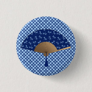 Badge Rond 2,50 Cm Ventilateur japonais, Motif de libellules, bleu Co