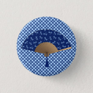 Badge Rond 2,50 Cm Ventilateur japonais, Motif de libellules, bleu Co