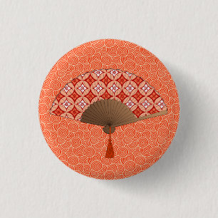 Badge Rond 2,50 Cm Ventilateur Japonais, Shippo Motif, Mandarin Orang