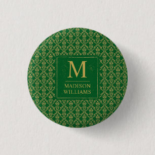 Badge Rond 2,50 Cm Vert émeraude et or, motif damassé sans couture