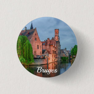 Badge Rond 2,50 Cm Vieille ville et beffroi la nuit à Bruges