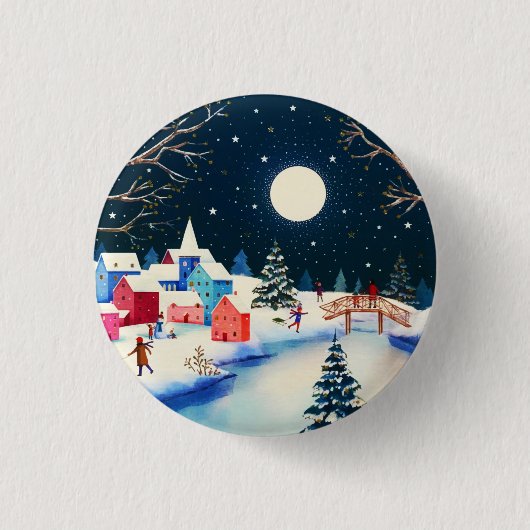 Badge Rond 2,50 Cm Village de neige bleu d'hiver (Devant)
