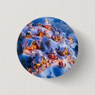 Badge Rond 2,50 Cm Village de Noël fantaisiste aux collines enneigées