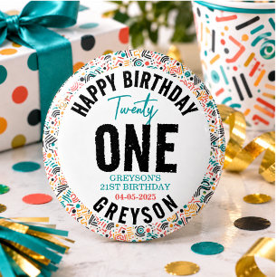 Badge Rond 2,50 Cm Vingt et un 21e anniversaire géométrique coloré